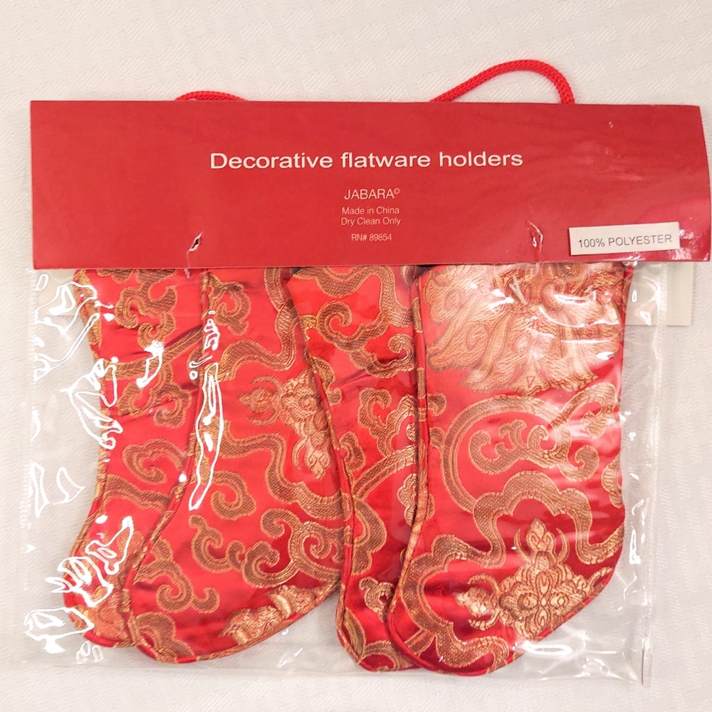 Christmas Stocking Flatware Holders Table Linens Set Of 4 Red Gold Swirls